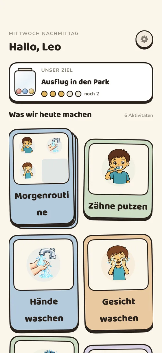 Der Startbildschirm eines Kindes in Tandli mit der heutigen Routine als Bildkarten