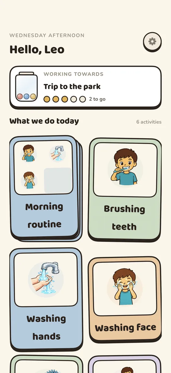 A child’s Tandli home screen showing today’s routine as picture cards