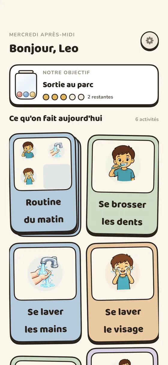 L’écran d’accueil d’un enfant dans Tandli, avec la routine du jour en cartes-images
