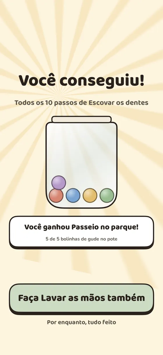 O pote de recompensas de uma criança cheio até a meta, com uma comemoração