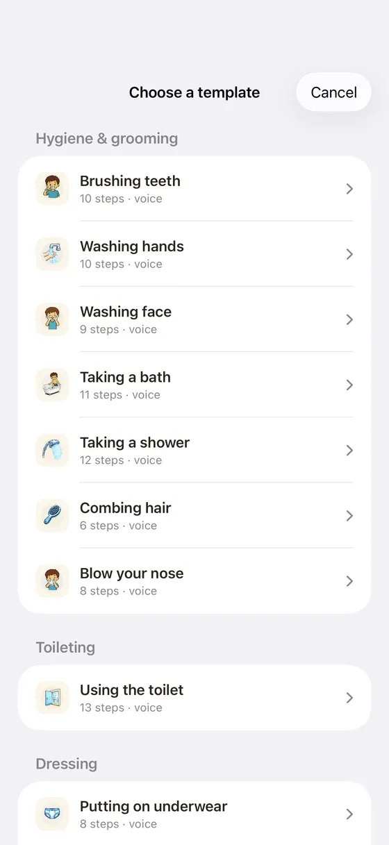 Choosing from Tandli’s ready-made, task-analysed activities