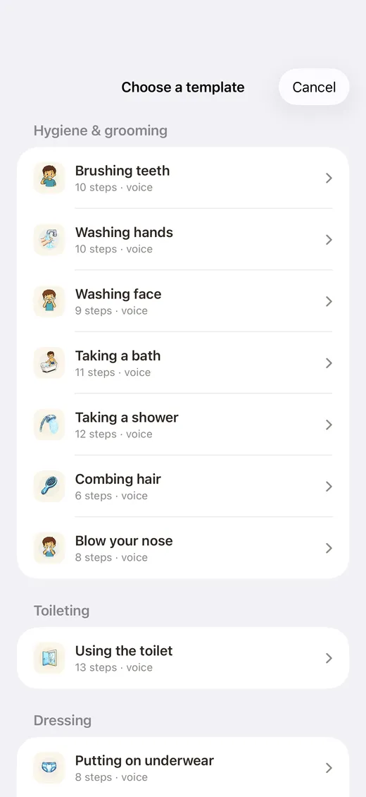 Choosing from ready-made activity templates