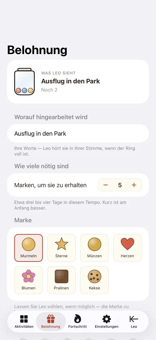 Der Bildschirm zur Belohnungseinrichtung mit Token-Stilen