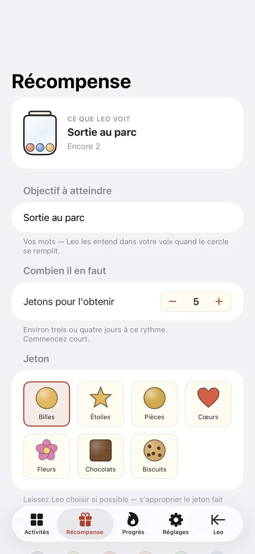L’écran de configuration de la récompense avec des styles de jetons