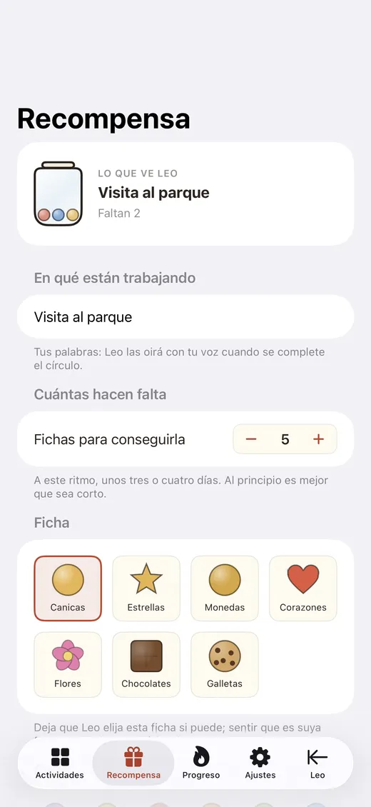La pantalla de configuración de recompensas con estilos de fichas