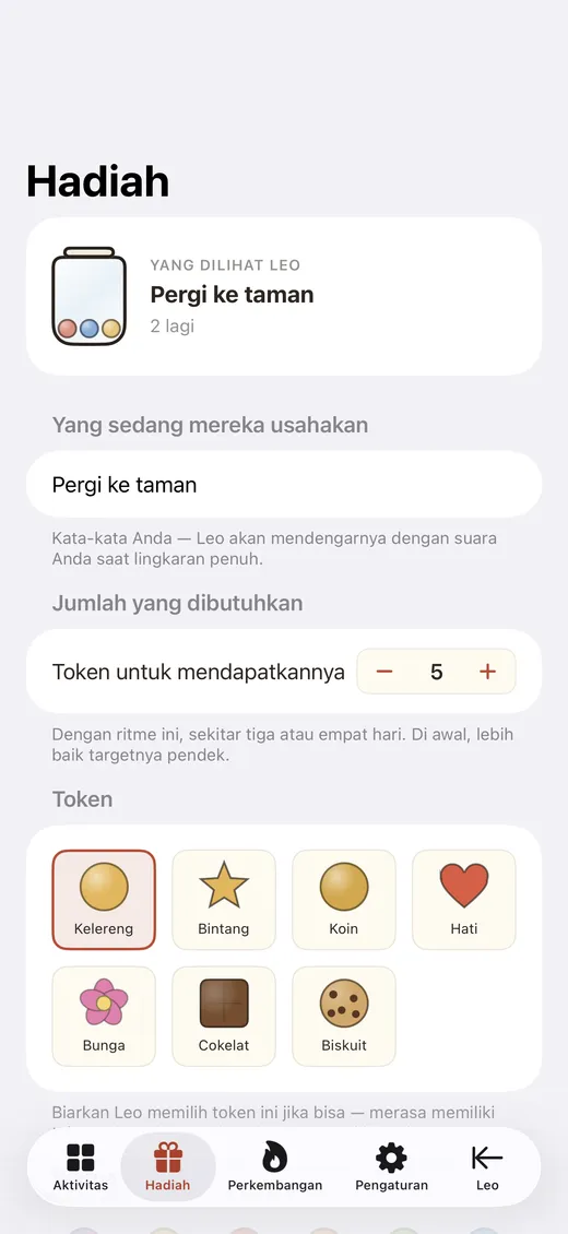 Layar penyiapan hadiah dengan gaya token